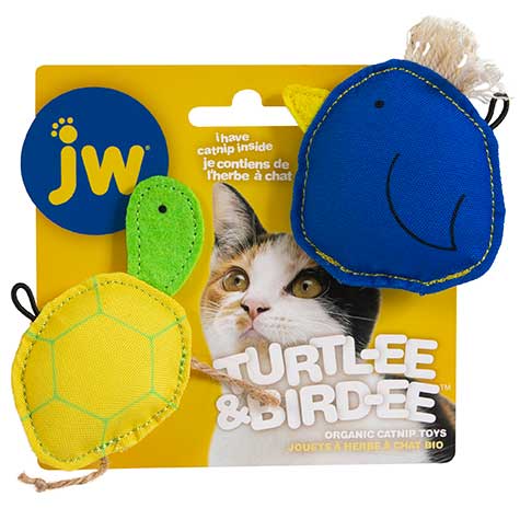 The JW Bird-ee & Turtl-ee Catnip Cat Toy Combo features a playful design with a turtle in textured yellow and green fabrics and a blue bird with a vibrant yellow beak. The packaging highlights its organic catnip content and includes an image of a curious cat.