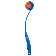 Introducing the Chuckit! Sport Launcher: a blue ball launcher with an ergonomic rubber handle for hands-free pickup of the vibrant orange and blue Chuckit logo ball. Its curved design ensures effortless throws for endless fun.