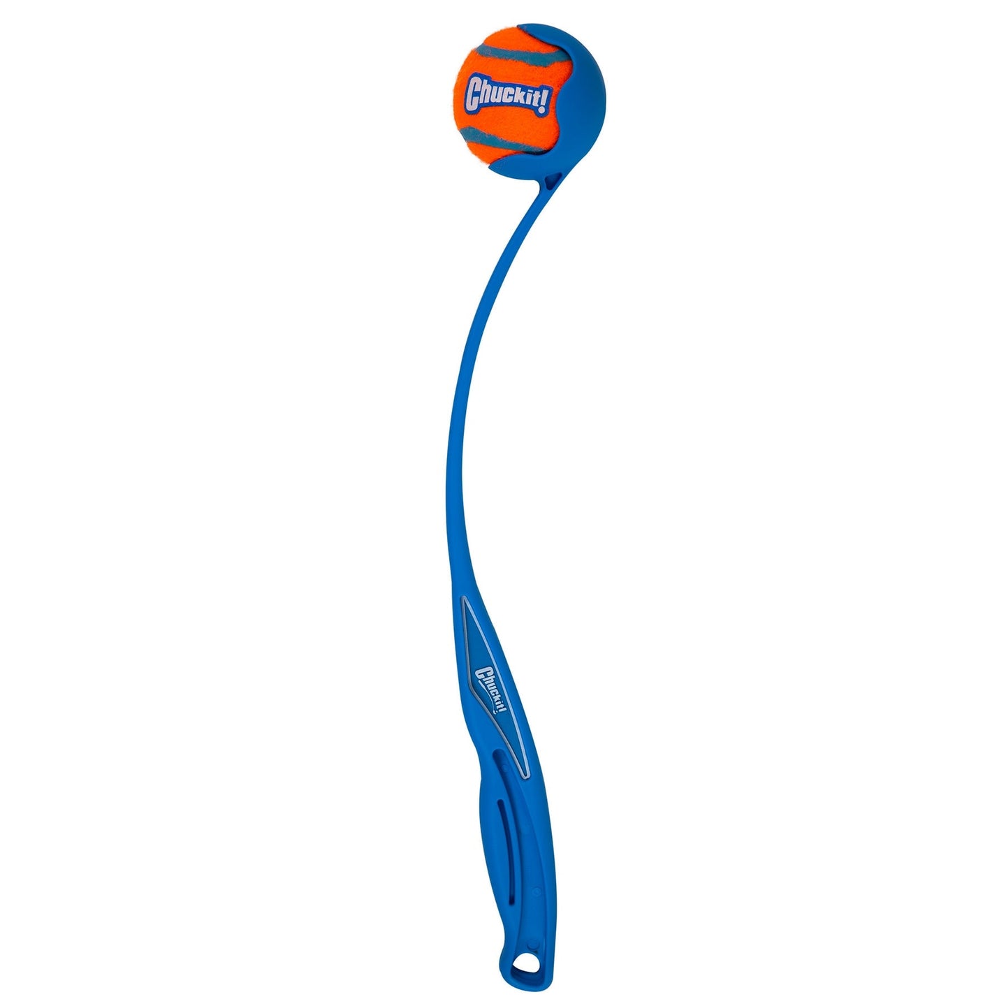 Introducing the Chuckit! Sport Launcher: a blue ball launcher with an ergonomic rubber handle for hands-free pickup of the vibrant orange and blue Chuckit logo ball. Its curved design ensures effortless throws for endless fun.
