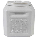 The Vittles Vault Pawprint Outback Food Storage Container by Vittles Vault is a square, light gray, BPA-free plastic container with embossed paw prints and a secure lid. Its airtight seal makes it ideal for keeping pet food fresh.