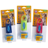 Three packs of Arm & Hammer Dispenser & Disposable Waste Bag Sets are shown, each containing a blue, green, and red dispenser with a dog image and info text, plus a roll of waste bags.
