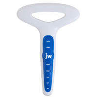 The JW Gripsoft Undercoat Rake, by Jw, is a white and blue pet grooming tool designed like a T-shaped toothbrush. It features a non-slip blue handle with JW embossed on it and has a top with a broad, flat white surface containing a triangular opening for efficient grooming.