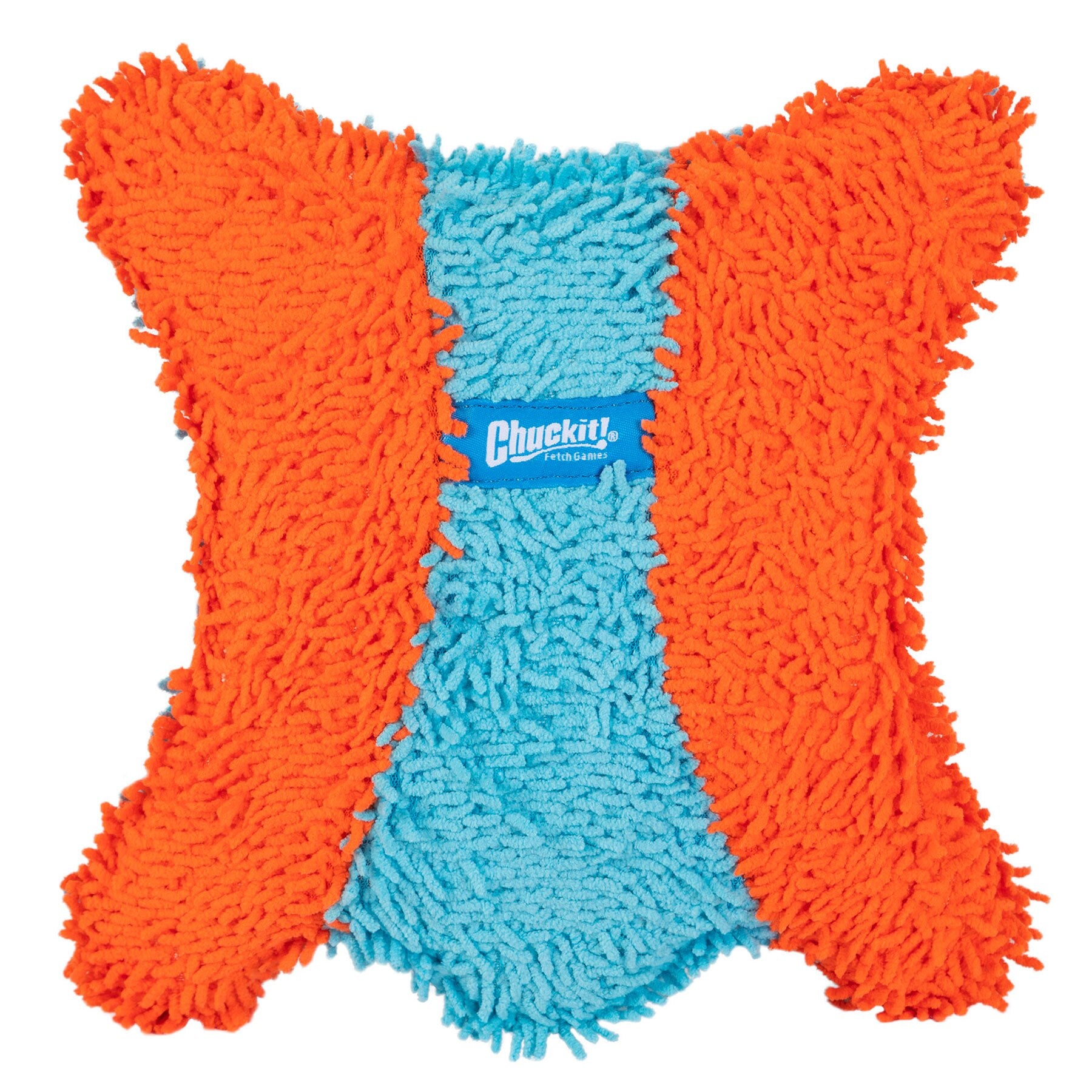 The Chuckit! Indoor Flying Squirrel, designed with Bounceflex Core Technology for durability, features fuzzy orange sides and a blue center. It proudly displays the Chuckit! logo and its shaggy texture makes it perfect for pet play.