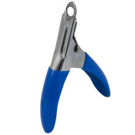 The JW Gripsoft Pet Nail Trimmer by Jw is a guillotine-style metal nail clipper with blue rubber grips, featuring a rounded cutting edge and ergonomic handles for easy pet grooming.