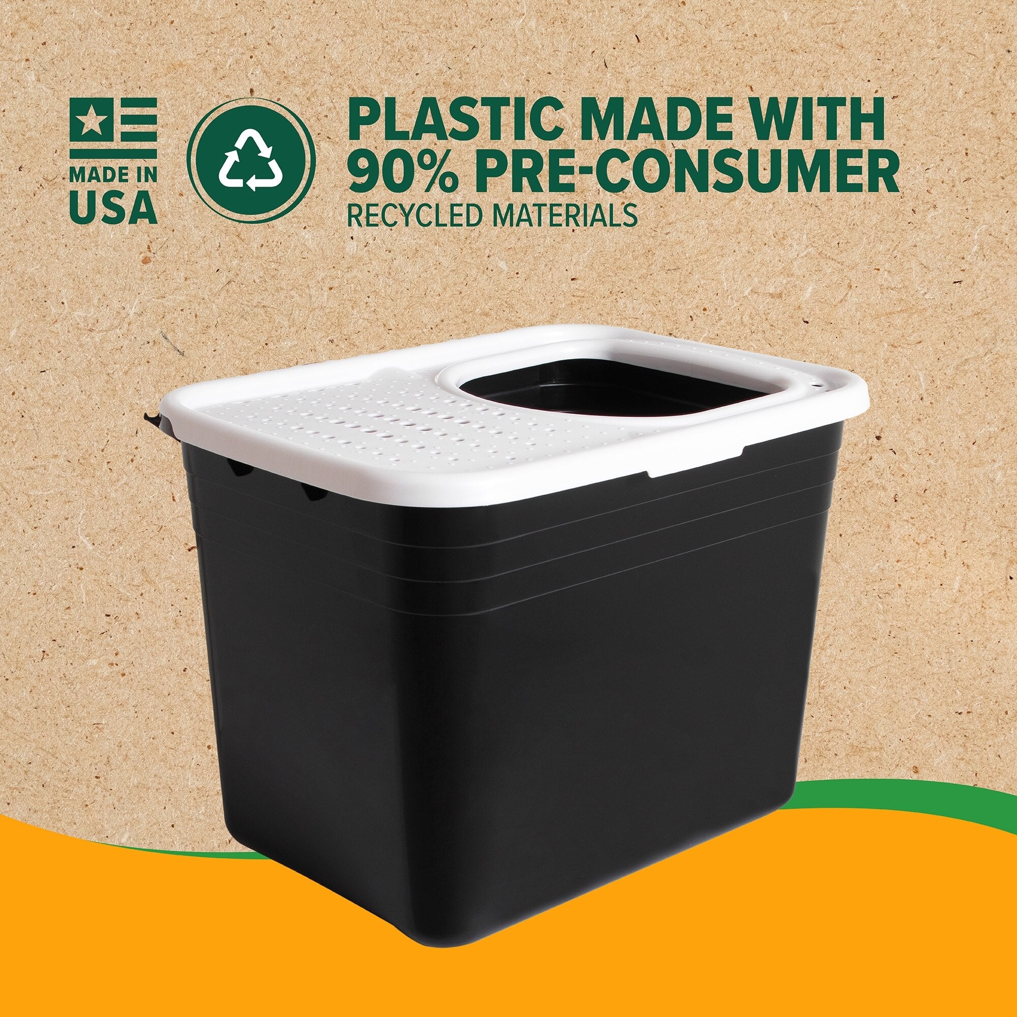 A black Arm & Hammer Top Entry Litter Box features a non-slip textured lid on a brown background. Made in the USA with 90% pre-consumer recycled materials, it includes Microban antimicrobial protection, emphasizing sustainability and hygiene, displayed alongside a recycling symbol.