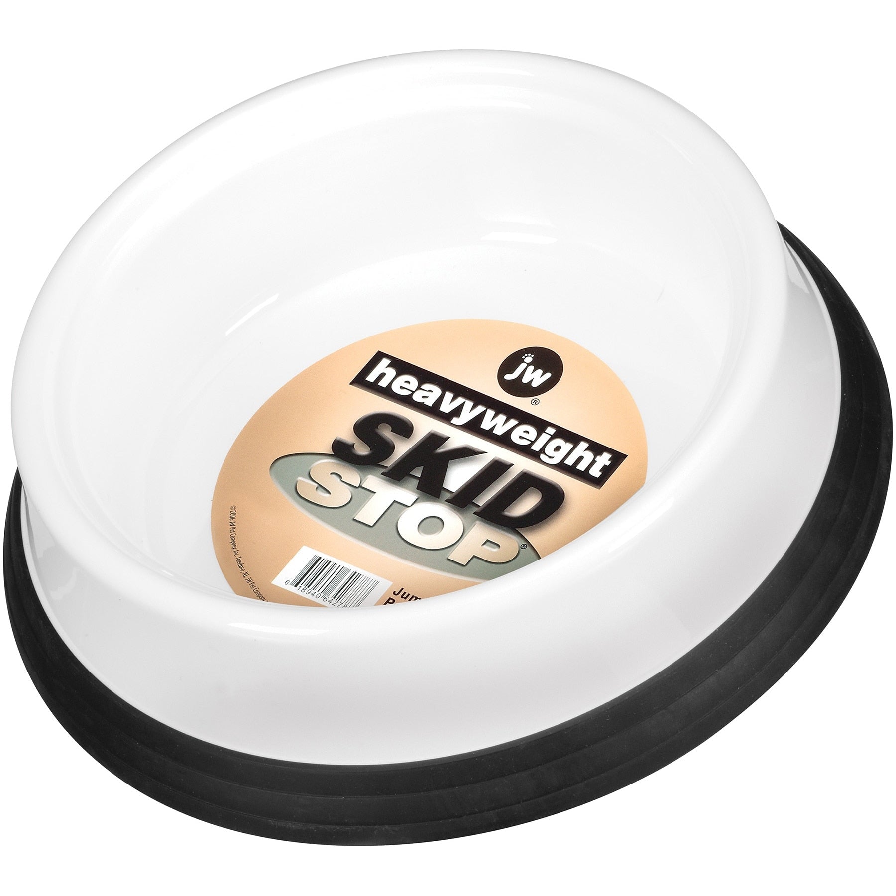 Featuring a non-slip black base, the JW Skid Stop Heavyweight Bowl is a sleek white pet bowl with an inside label displaying heavyweight SKID STOP, a barcode, and the Jw brand logo, ensuring durability and stability.