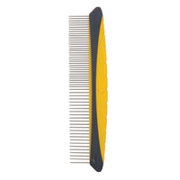 The JW Gripsoft Fine & Coarse Comfort Comb by Jw features a yellow handle with gray edges and stainless steel teeth. Its evenly spaced teeth are ideal for detangling and smoothing pet fur, while the ergonomically shaped, non-slip handle ensures comfort.