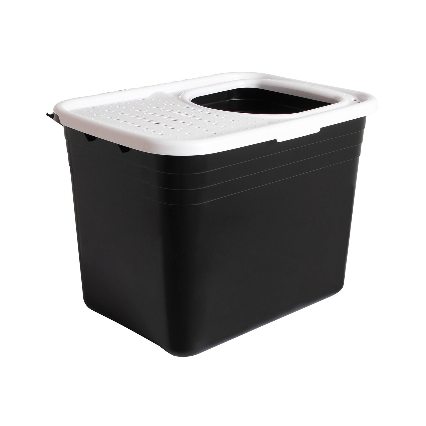 The Arm & Hammer Top Entry Litter Box by Arm And Hammer features a black plastic design with a white non-slip textured lid and large handle. It has small circular ventilation holes, horizontal side ridges for strength, making it an ideal top-entry litter box.