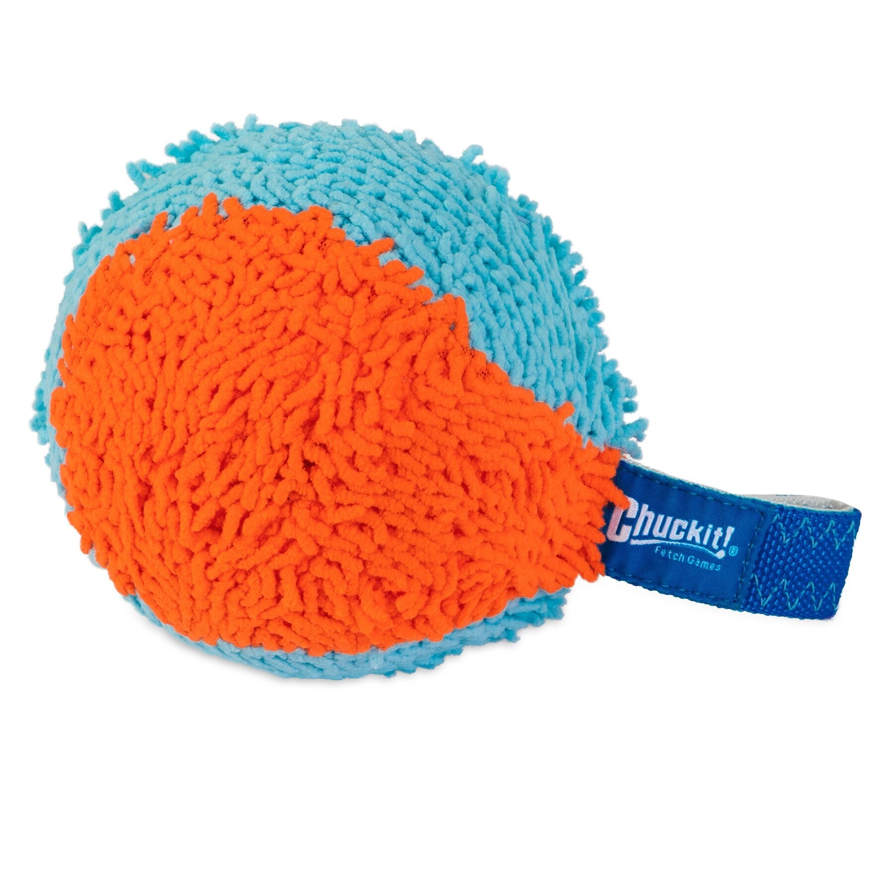 The Chuckit! Indoor Shaker is a textured, round dog toy featuring Bounceflex Core Technology. It has one orange half and one blue, with looped fibers. The blue handle displays Chuckit! and its compatible with the Chuckit! Indoor Launcher for exciting indoor play.