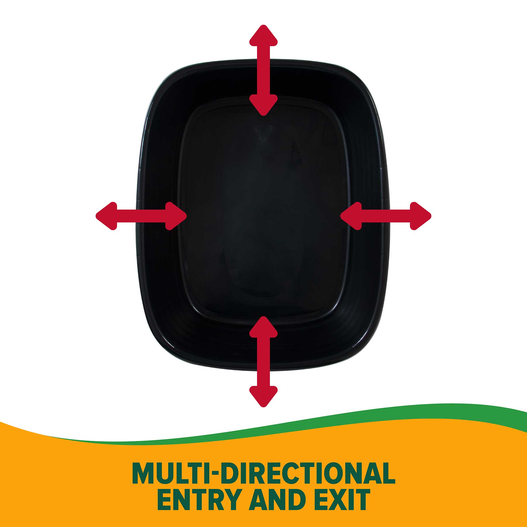 The Arm & Hammer SimplyRecycled Wave Litter Box, a black square tray from Arm And Hammer, features red arrows in four directions and an orange-green wavy line below it with the text MULTI-DIRECTIONAL ENTRY AND EXIT, emphasizing its eco-friendly design.