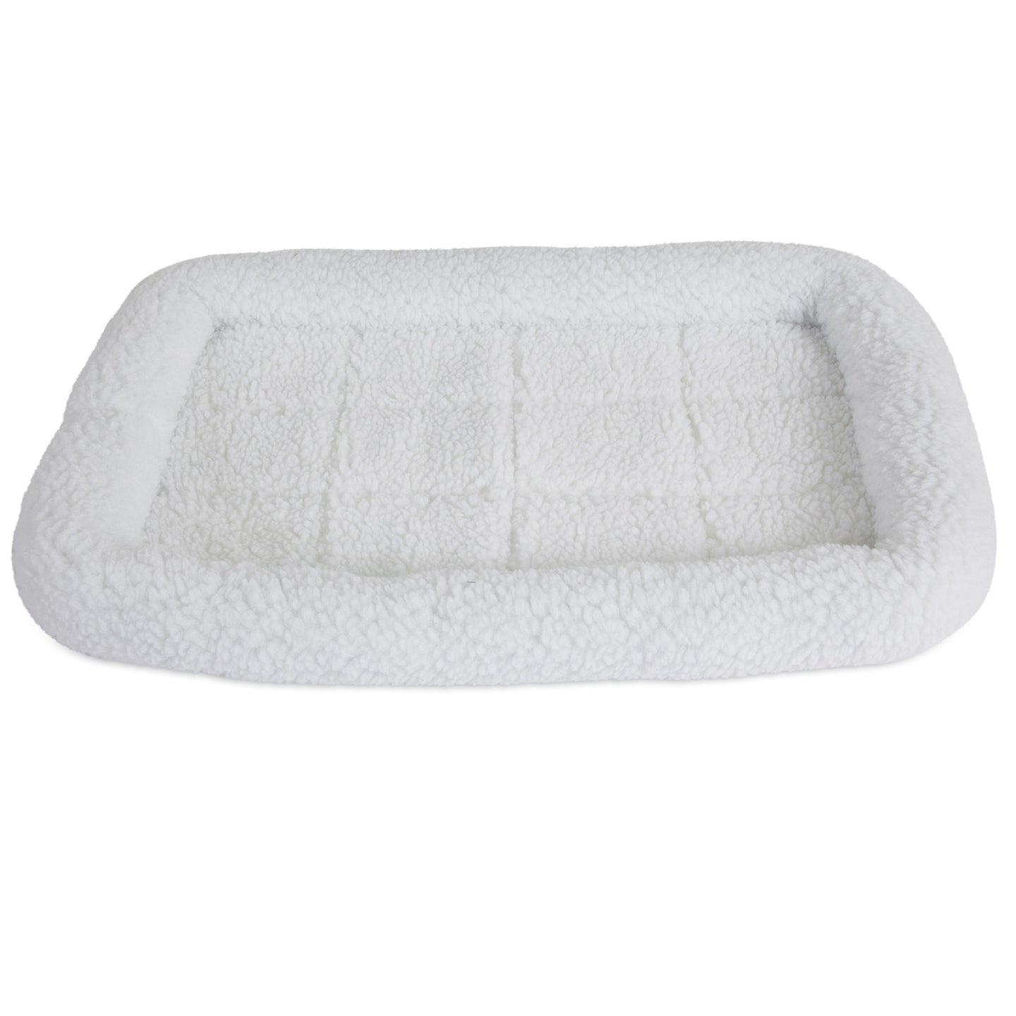 The SnooZZy Faux Sheepskin Bolster Kennel Mat by Snoozzy is a rectangular white fleece pet bed with a cushioned border, perfect for crate training. Its ideal for small pets, featuring a soft, textured surface and is machine washable for easy care.