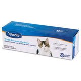 The Petmate Drawstring Hi-Back Litter Box Liners come in a blue and white box featuring a cat image, ideal for odor control. The packaging details dimensions, compatible pan sizes, and includes 8 jumbo liners. Its bilingual in English and French for convenient disposal.