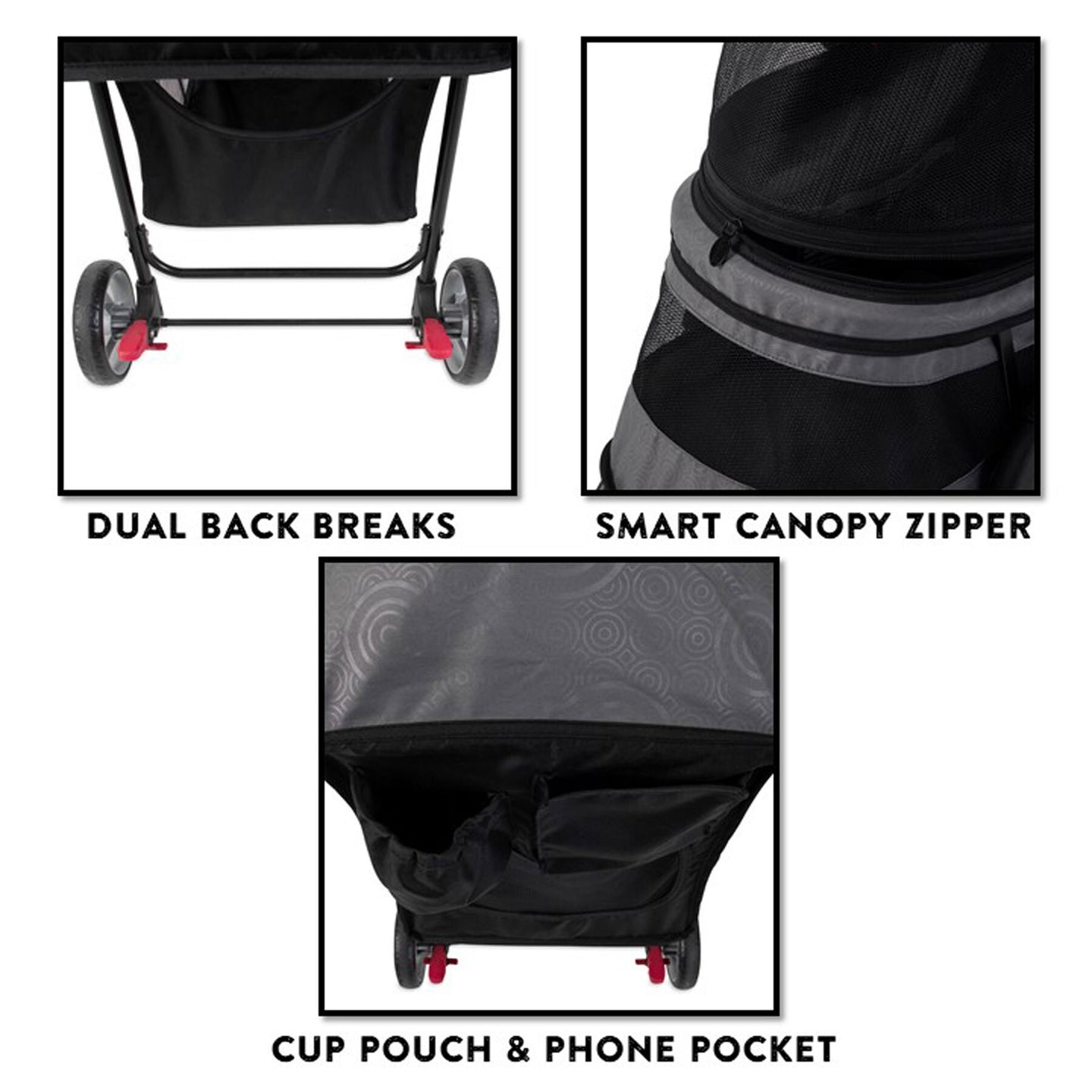 The Gen7Pets Starry Night Gray Regal Plus Pet Stroller features red-wheeled dual back brakes, a smart-canopy zipper for easy access, and a rear cup holder with phone pocket.