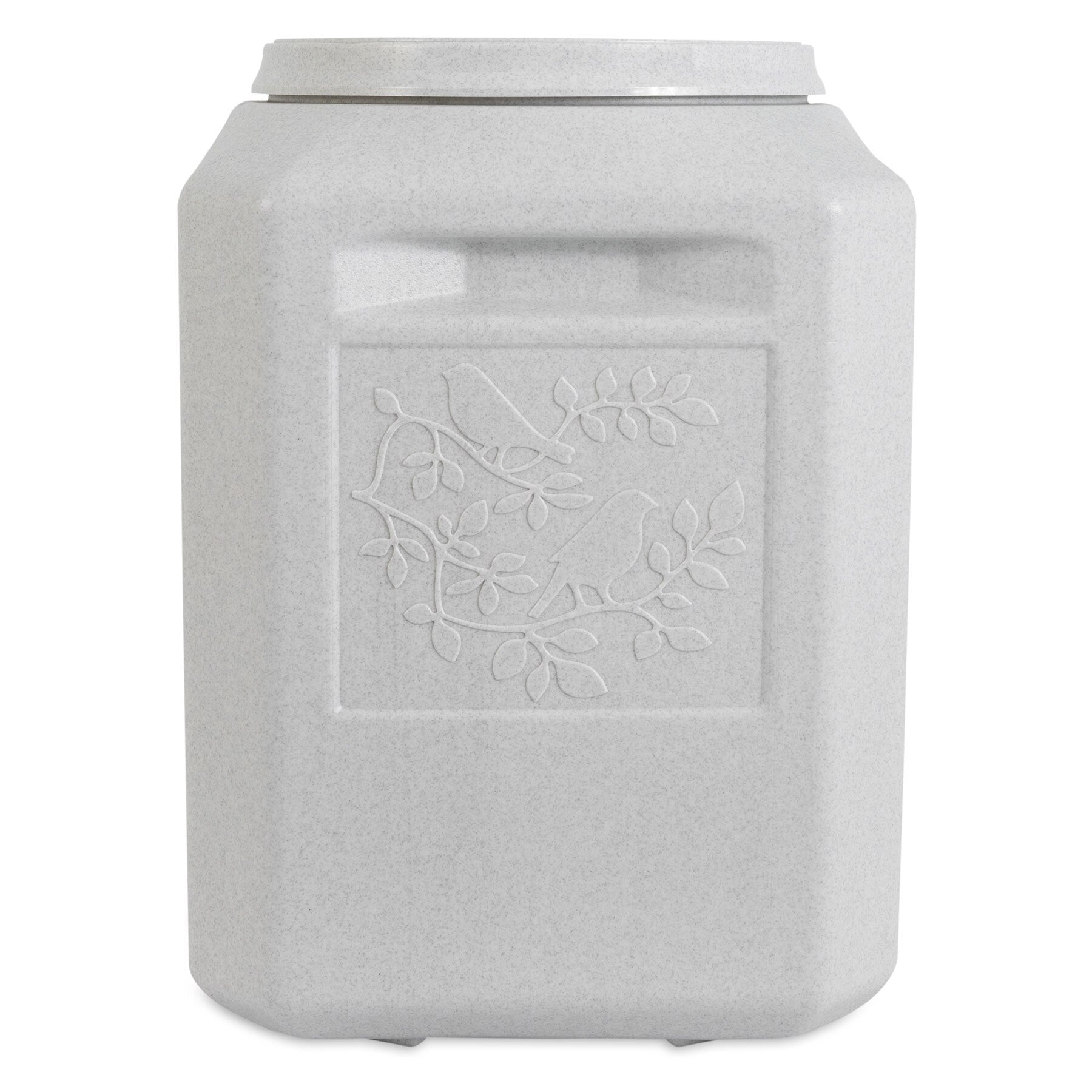 The Vittles Vault Bird Seed Storage Container from Vittles Vault is light gray with a GAMMA Seal Lid, featuring a textured surface and a raised design of two birds on branches with leaves; it has a rectangular shape and rounded edges.