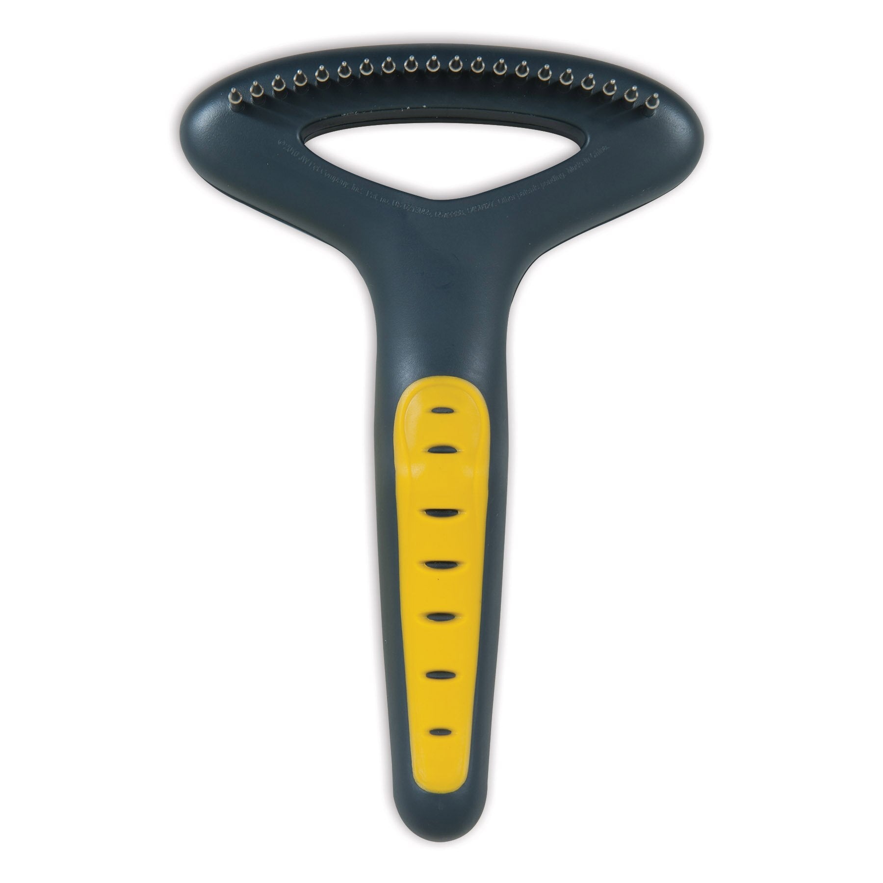 The JW Gripsoft Undercoat Rake by Jw features a black and yellow non-slip handle with a comfy yellow grip and a looped, blunt-toothed comb head designed to remove loose fur effortlessly, making it an essential grooming tool for any pet owner.
