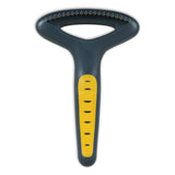 The JW Gripsoft Undercoat Rake by Jw features a black and yellow non-slip handle with a comfy yellow grip and a looped, blunt-toothed comb head designed to remove loose fur effortlessly, making it an essential grooming tool for any pet owner.
