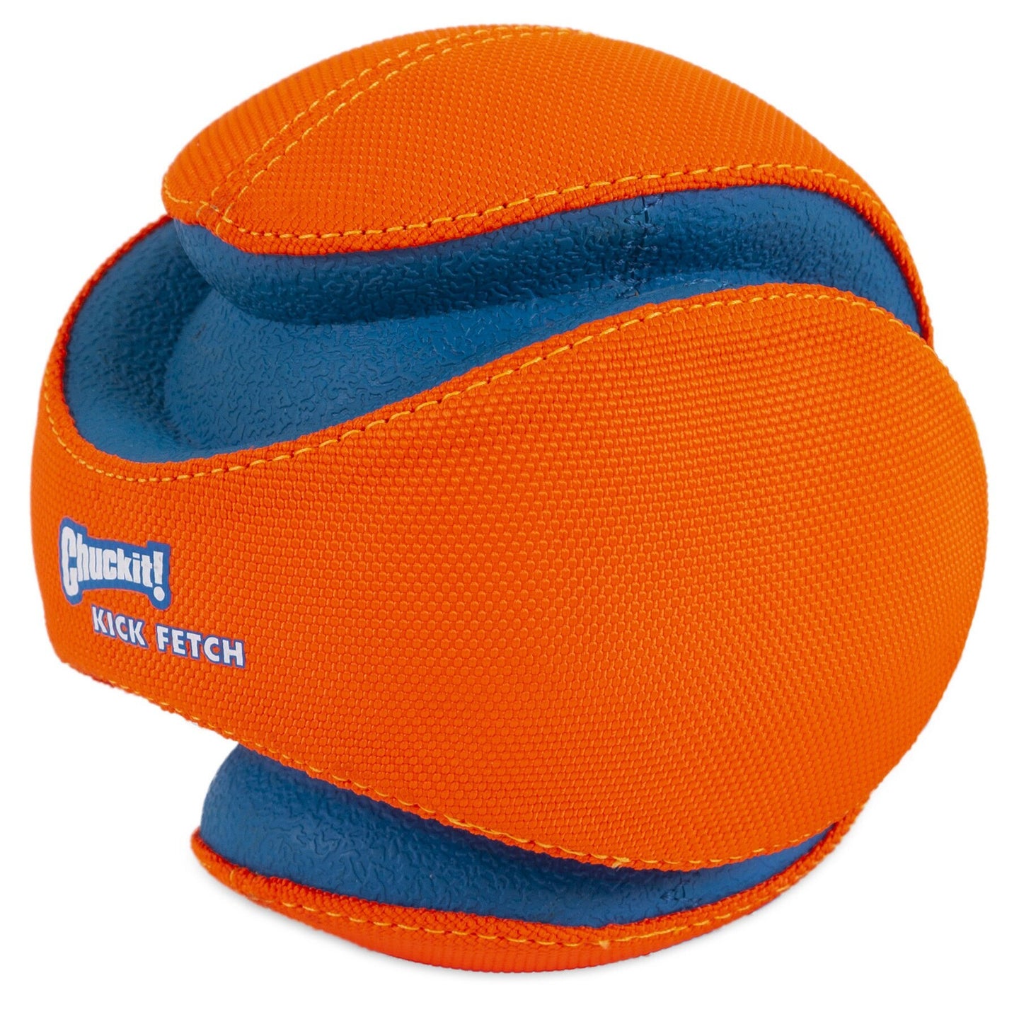Explore the Chuckit! Kick Fetch Dog Toy, a vibrant orange and blue ball with curved indentations for easy gripping. Ideal for outdoor fun, it proudly displays Chuckit! Kick Fetch and promises endless entertainment for your pet.