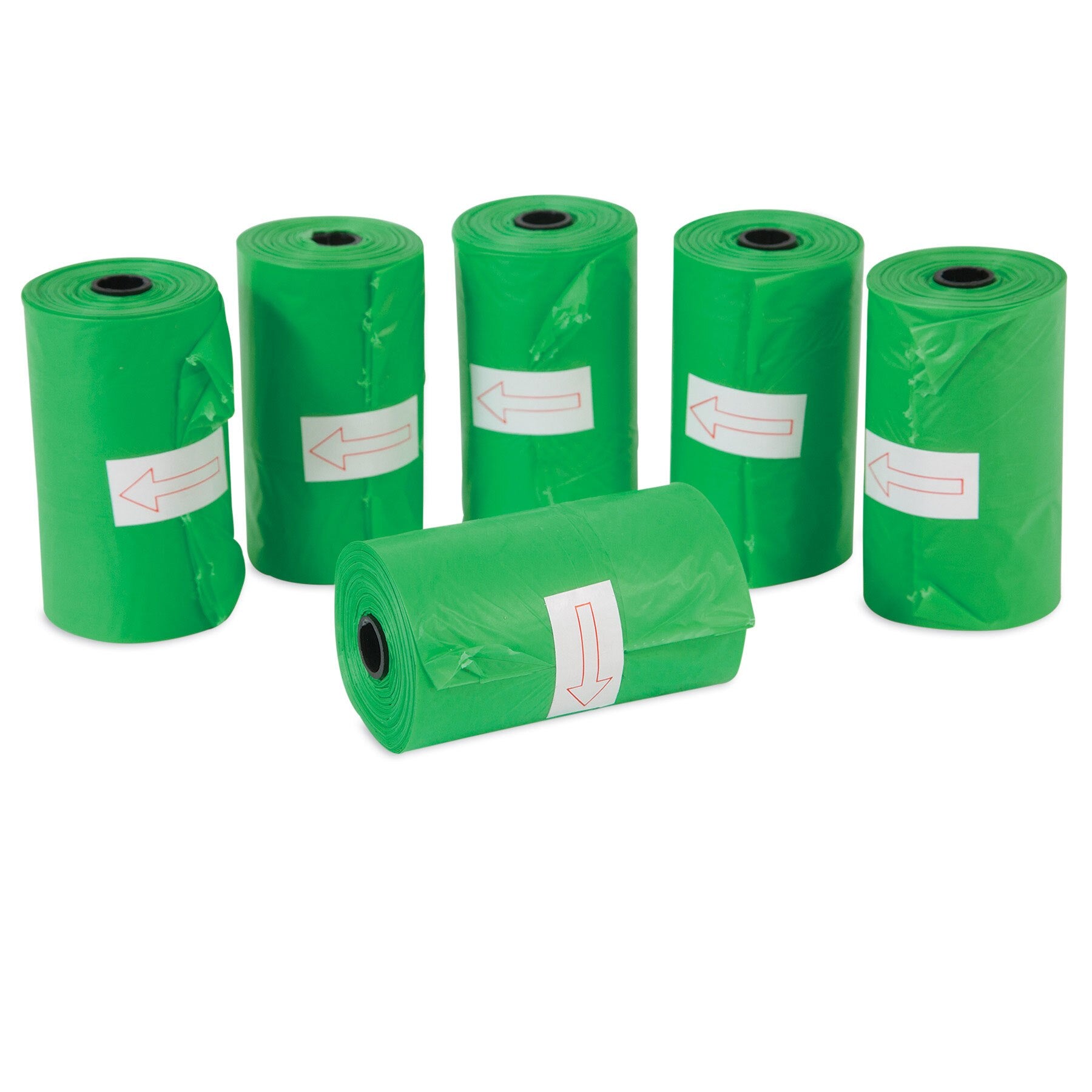 Six green rolls of Arm & Hammer Cornstarch Waste Bags are shown with five upright and one horizontal. Each roll features a white label with a red arrow pointing right, making them perfect for eco-friendly pet supplies.