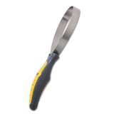 The JW Gripsoft Shedding Blade, by Jw, features a loop-style saw with a black and yellow ergonomic handle and a flexible metal blade with serrated edges. This tool is perfect for grooming and tackling tough tasks, offering a comfortable grip for easy use.