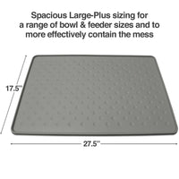 The PetFusion Tough Grip Dog Food Mat by Pet Fusion is a spacious 27.5x17.5-inch gray silicone mat, featuring raised dots for anti-slip grip and spill containment, ideal for keeping mealtime tidy while accommodating various bowls and feeders.
