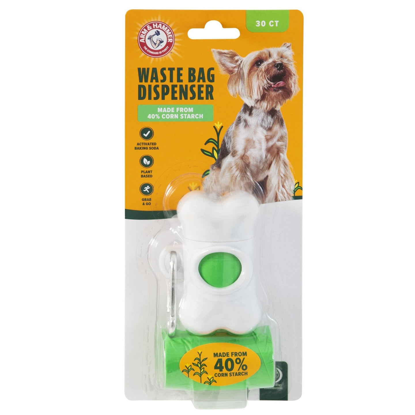 The Arm & Hammer Bone Dispenser & Cornstarch Waste Bags, featuring a small dog on the label, is crafted for odor control with 40% corn starch and activated baking soda. It includes green pet waste bags, ensuring cleanliness with 30 bags provided by Arm And Hammer.