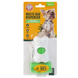 The Arm & Hammer Bone Dispenser & Cornstarch Waste Bags, featuring a small dog on the label, is crafted for odor control with 40% corn starch and activated baking soda. It includes green pet waste bags, ensuring cleanliness with 30 bags provided by Arm And Hammer.