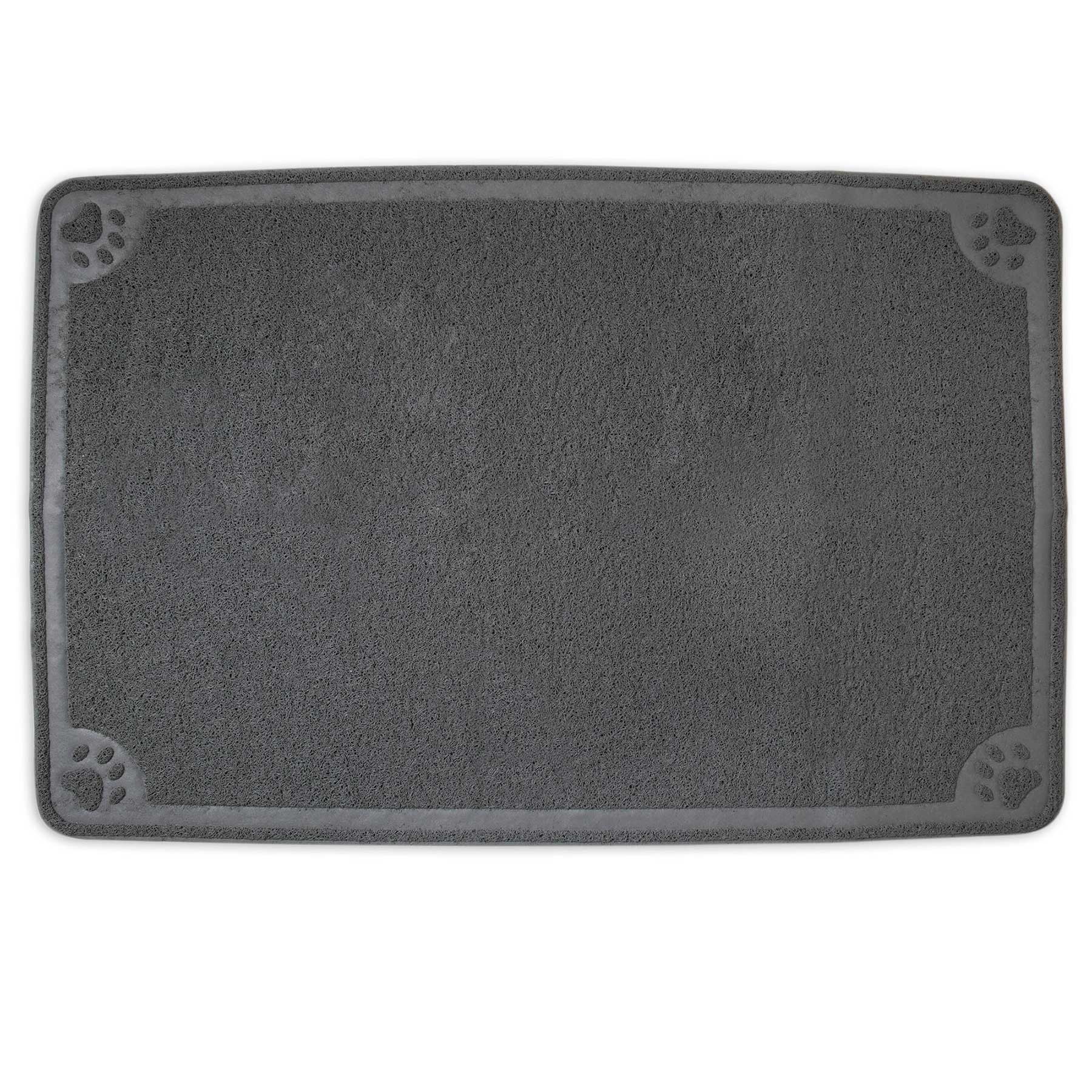 The Petmate Extra Large Litter Catcher Mat, with a textured gray surface and paw print corners, is an ideal and stylish companion for your cats litter box.