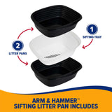 Illustration of the Arm & Hammer Sifting Litter Box by Arm And Hammer, showcasing two black pans and one white sifting tray with holes. Arrows depict setup, with the product name shown below. Includes antimicrobial protection.