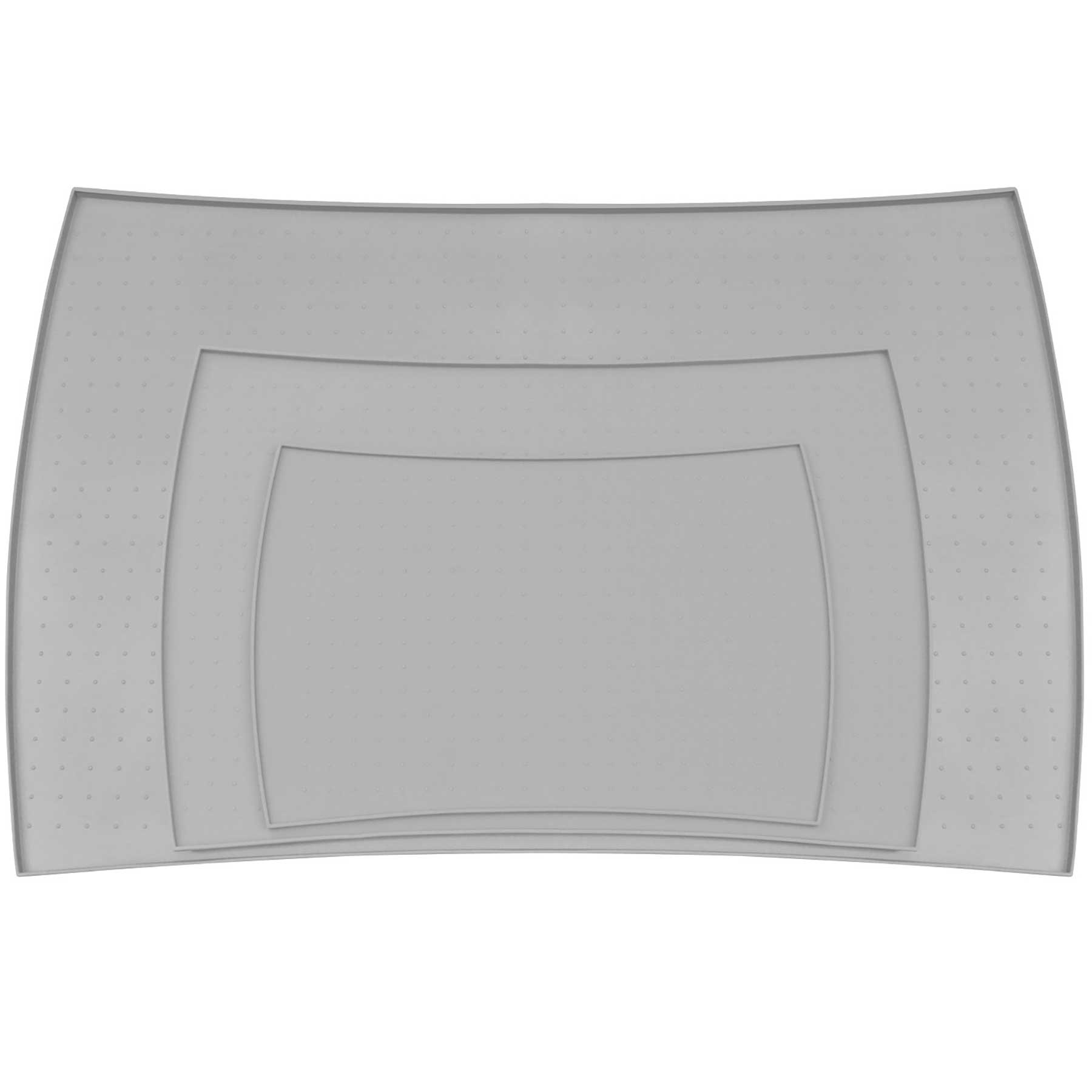 The PetFusion Pet Food Mat set includes three rectangular, gray mats made of FDA-grade silicone. They feature anti-slip bumps, rounded corners, and a dot grid pattern. The mats stack in descending size to enhance stability during use.