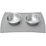 The PetFusion Pet Food Mat in Premium Silicone by Petfusion holds two stainless steel bowls on a gray, FDA-grade waterproof mat with anti-slip bumps to keep them steady.