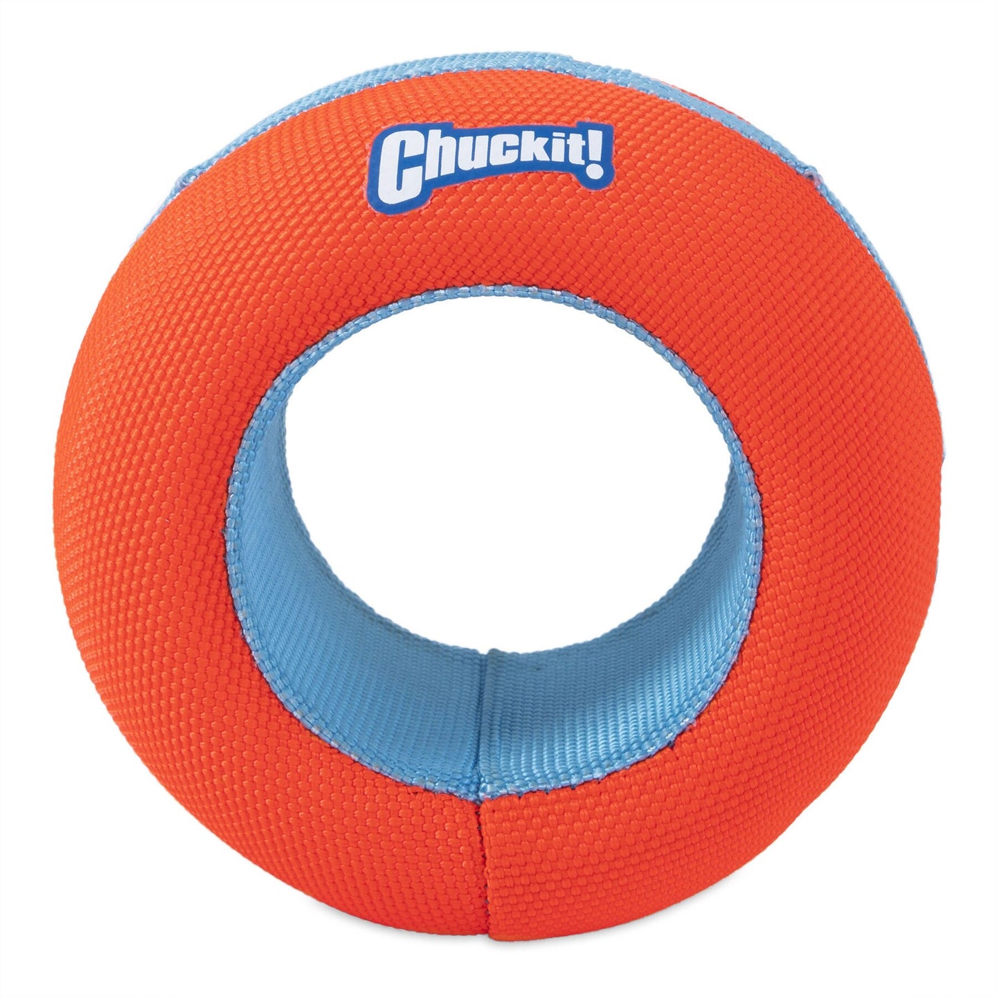 The Chuckit! Amphibious Roller by Chuckit is an orange and blue toy featuring the Chuckit! logo. With a textured grip and hollow center, its perfect for water-loving dogs and adventurous play, embodying the spirit of an ideal pup companion.
