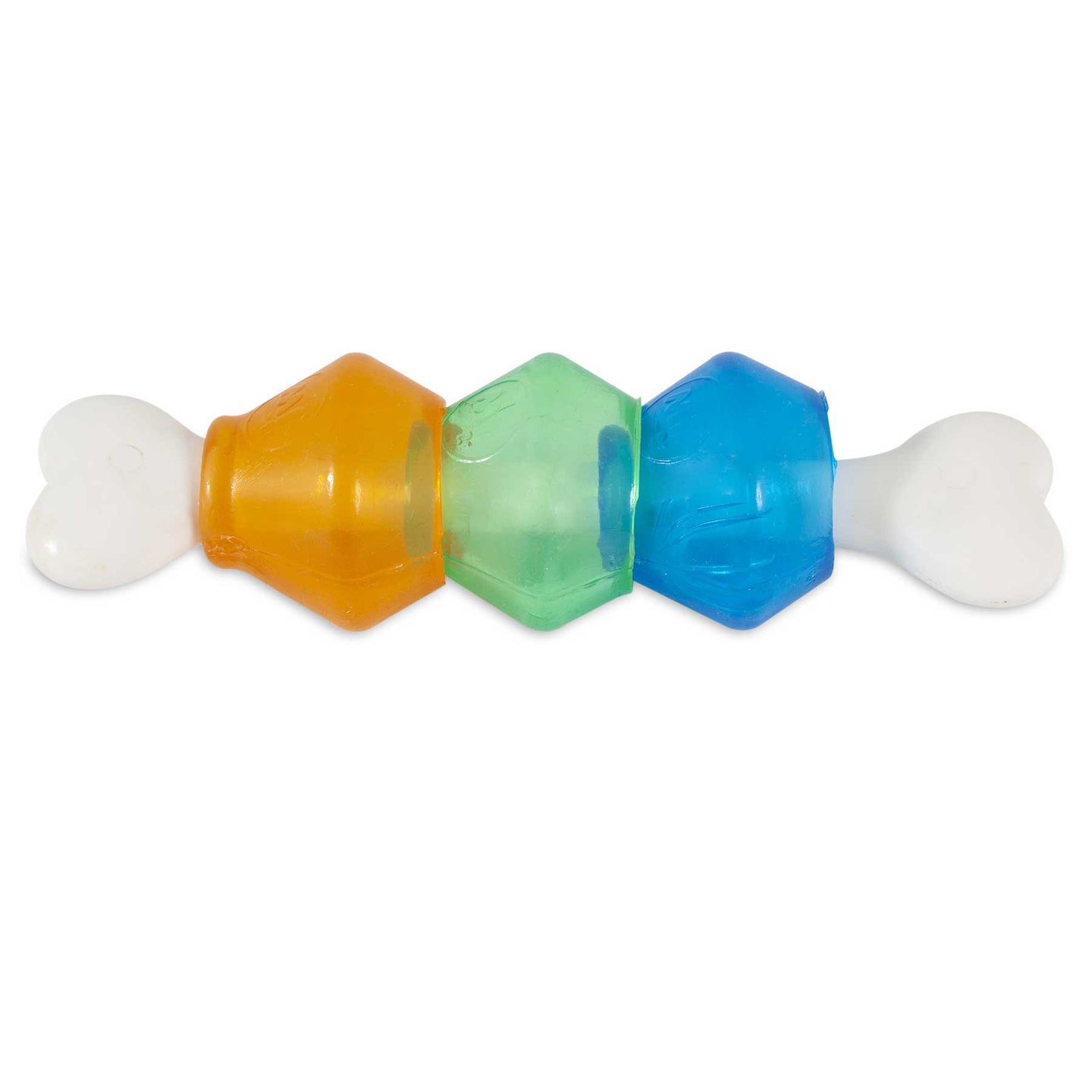 The JW Ever Tuff Dog Treat Pod Toy by Jw is an interactive chew toy with interconnected geometric shapes in orange, green, and blue, featuring bone-shaped white ends to engage and entertain your pet for hours.