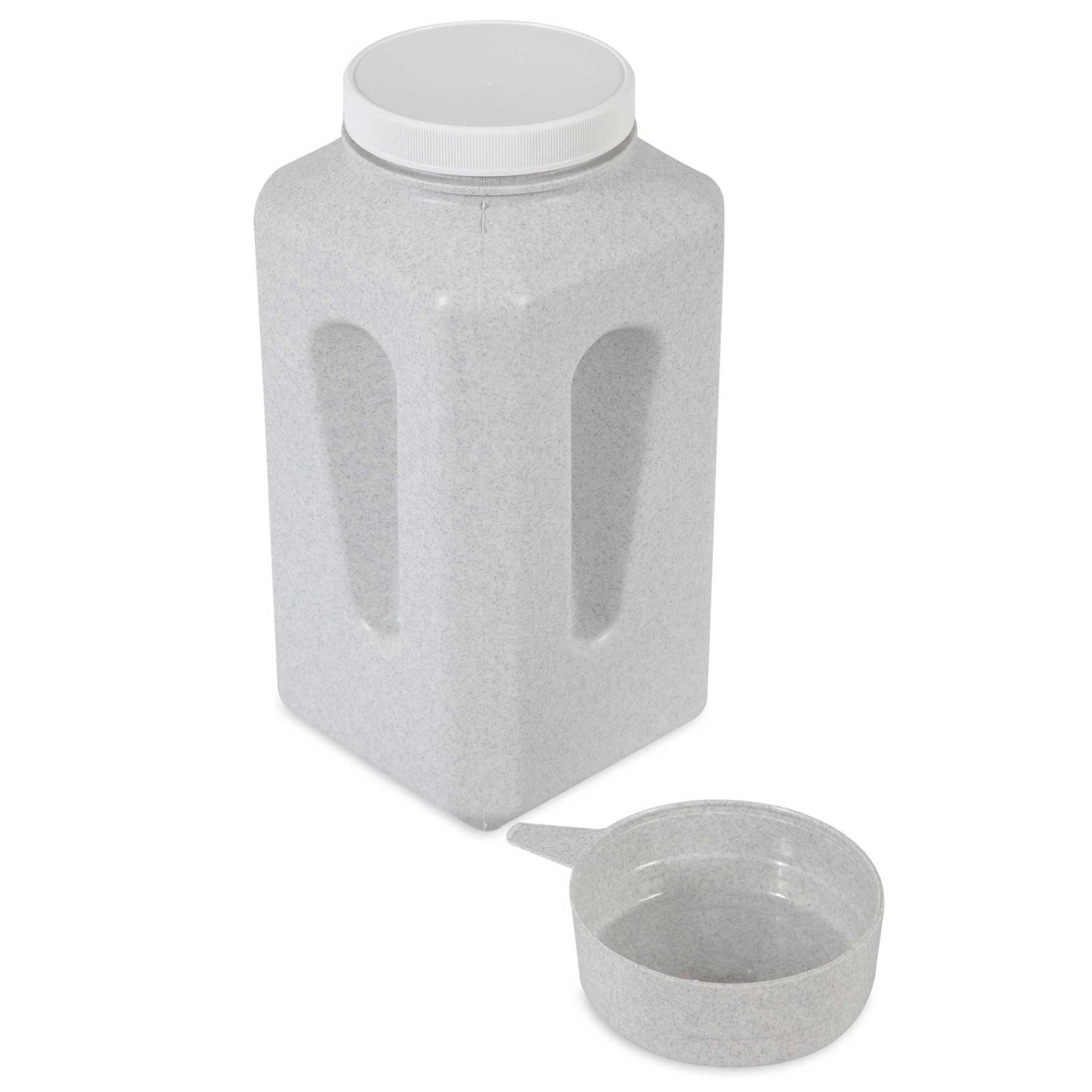 The BPA-free Vittles Vault Junior by Vittles Vault is a gray container with a white screw-on lid and two indented side handles, ideal for pet food storage. It includes a matching gray scoop with a pouring spout at the front.