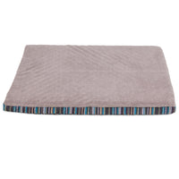 The Aspen Pet Antimicrobial Orthopedic Bed is a rectangular, beige pet bed featuring a soft textured surface and a multicolored striped border. It offers plush comfort for small to medium-sized pets and is enhanced with antimicrobial technology.