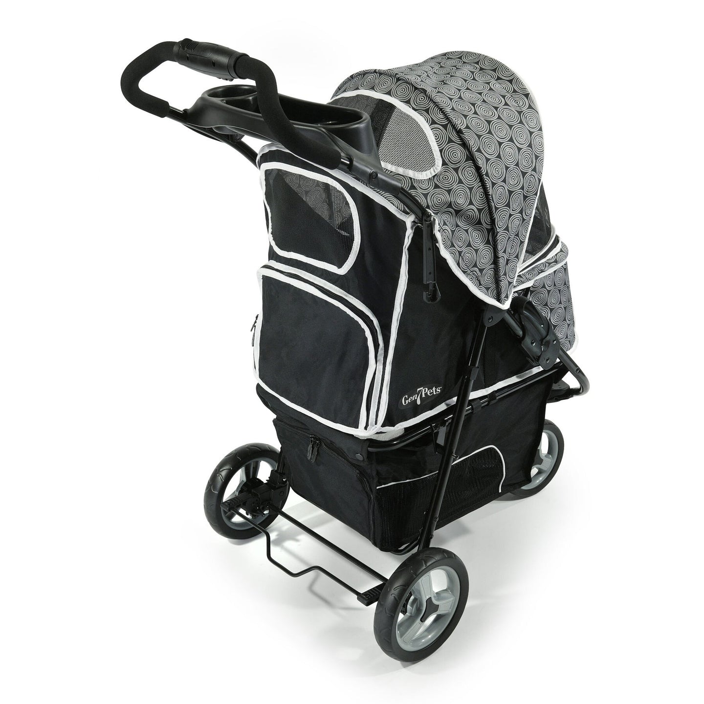 The Gen7Pets Black Onyx Promenade Pet Stroller by Gen7 features a gray-patterned canopy, all-terrain wheels, multiple mesh windows, a sturdy frame, and a handlebar. It offers a smart-comfort pad for pets and includes storage compartments at the bottom for added convenience.