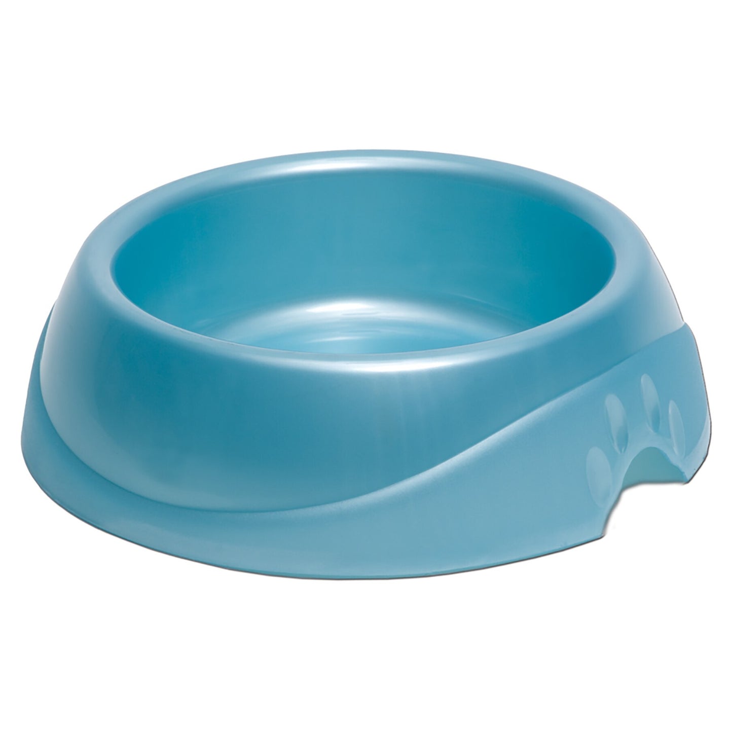 The Petmate Ultra Lightweight Bowl by Petmate is a blue plastic pet food bowl with a modern design featuring a wide base, smooth rounded edges, and a subtle paw print motif.