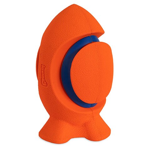 Introducing the Chuckit! Kickoff Dog Fetch Toy, an orange rubber rocket-shaped toy with a blue ring, offering a textured grip for energetic pups who love a challenge.