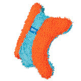 The bright orange and blue microfiber mop head cover, made with textured chenille fabric, has a fluffy surface resembling the three-pointed shape of the Chuckit! Indoor Flying Squirrel by Chuckit and features a small label in the center.