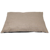 The Aspen Pet Classic Stripe Pillow Dog Bed is a rectangular cushion crafted from micro-terry plush fabric with beige and light brown stripes on a white background. Its machine washable for convenient maintenance.