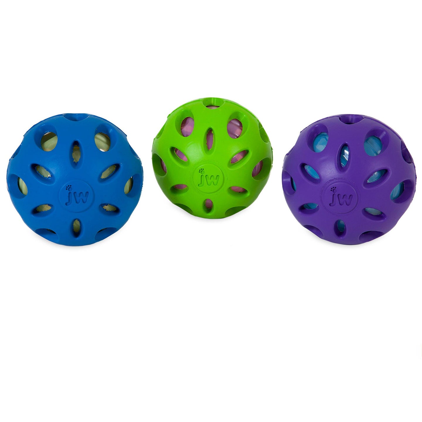 Three JW Crackle Heads Crackle Ball Dog Toys are shown on a white background. From left to right, the toys are blue, green, and purple with cutout patterns for interactive play and showcase the JW logo at the center.