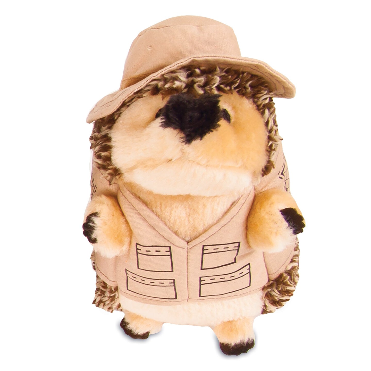 Meet the Zoobilee Fisherman Heggie Dog Toy—an adorable plush hedgehog perfect for playtime. This durable little adventurer features a beige hat and matching vest with pocket details, a round fluffy body of brown and cream fur, a small black nose, and paw accents.