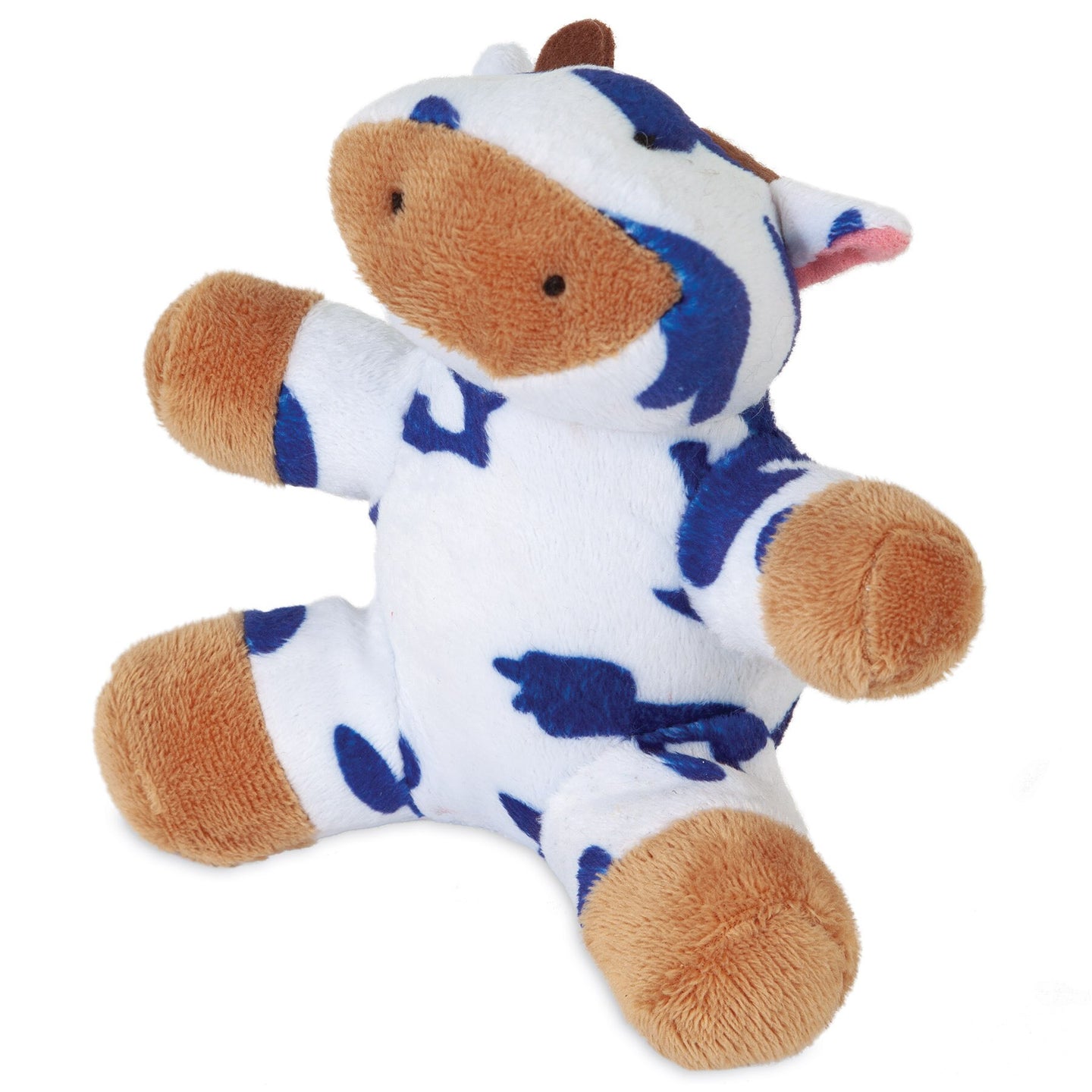 The Zoobilee Softies Dog Toy, a plush resembling a cow with white and blue spots, brown snout, ears, and feet, sits upright with outstretched limbs. This delightful Zoobilee toy is perfect for cuddles or as a charming addition to any plush dog toy collection.