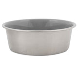 The Petmate Painted Stainless Steel Pet Bowls feature a rust-resistant stainless steel build with a shiny exterior and dark gray interior, complete with non-skid feet for stability, showcased elegantly against a white background.