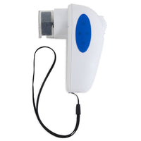 The JW Gripsoft Palm Nail Grinder For Pets by Jw is a handheld device with a white body, blue oval button, black wrist strap, and a cylindrical mouthpiece at one end, resembling a portable pet groomer.