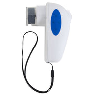 The JW Gripsoft Palm Nail Grinder For Pets by Jw is a handheld device with a white body, blue oval button, black wrist strap, and a cylindrical mouthpiece at one end, resembling a portable pet groomer.