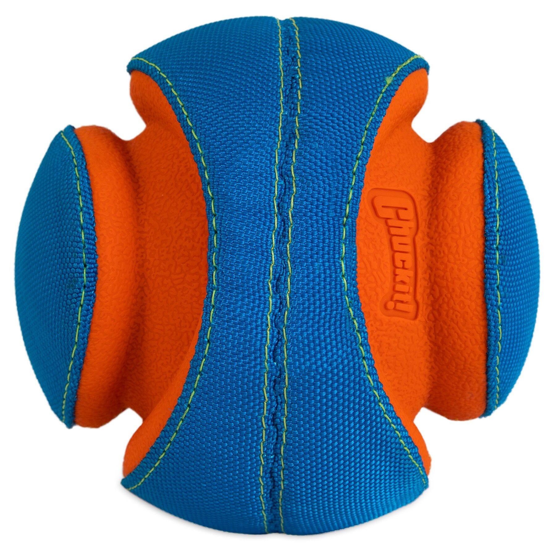 Check out the Chuckit! Giggle Kick Fetch, a colorful toy ball with a textured surface featuring overlapping blue and orange panels, visible blue stitching, and an embossed logo. Its the perfect dog toy from Chuckit for endless playtime fun.