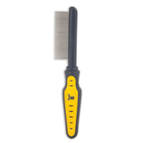 The JW Gripsoft Fine Tooth Comb by Jw features a black and yellow handle with jw marking, offering a non-slip grip for easy handling. Its metal teeth are expertly designed for detangling and grooming your pet.