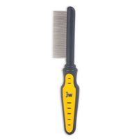 The JW Gripsoft Fine Tooth Comb by Jw features a black and yellow handle with jw marking, offering a non-slip grip for easy handling. Its metal teeth are expertly designed for detangling and grooming your pet.