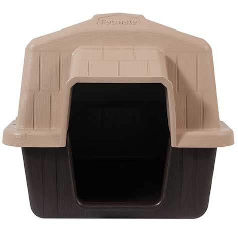 The Aspen Pet Petbarn 3 Dog House by Aspen Pet, featuring an igloo shape, offers a cozy space with a light beige textured top and dark brown base. Crafted from durable plastic, it includes an arched entrance and raised floor for added comfort.