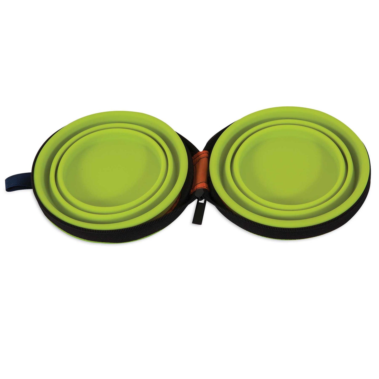 The Petmate Silicone Travel Bowl Duo by Petmate includes two green collapsible silicone bowls in an open black zippered case, ideal for travel. The nested bowls fit into grooves, while a small blue fabric loop accents the case.